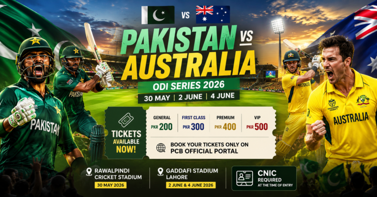 Pakistan vs Australia ODI Series 2026 featured image showing Pakistani and Australian cricket players in a packed stadium with match ticket prices, Rawalpindi and Lahore venues, dramatic sunset lighting, and cricket fans celebrating.