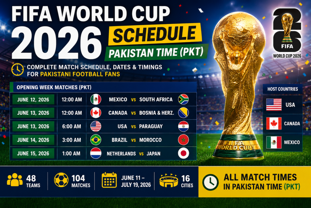 FIFA World Cup 2026 schedule in Pakistan time showing match fixtures, dates and kick-off timings for Pakistani football fans
